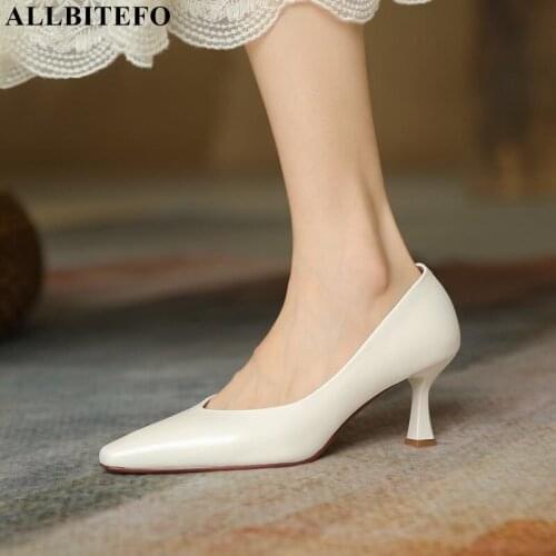 ALLBITEFO Pointed Toe Comfortable Genuine Leather Women Heels Shoes Spring Simple Fashion Sexy Girls Women Dance High Heel Shoes