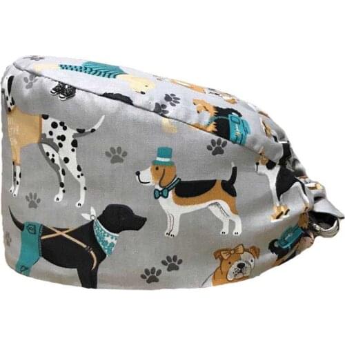 Unisex Cotton Adjustable Pet Work Hats Dust Cap Nursing Cap Floral Bouffant Sanitary Cap with Sweatband Cartoon Nursing Caps