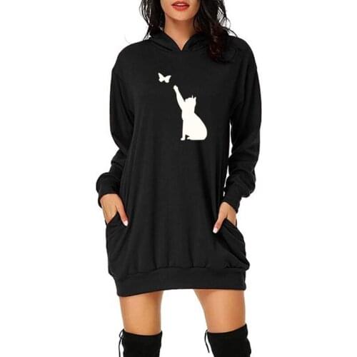 Cat Catching Butterfly Print Women Hoodies Cotton Casual Funny Sweatshirts For Top Streetwear Hipster Pockets Oversized Hoodie