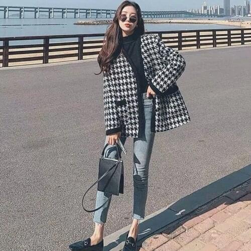 Autumn Winter Houndstooth Women Jacket Vintage Loose Tweed Plaid Outerwear Korean Fashion Thicken Female V-Neck Cardigan Coat