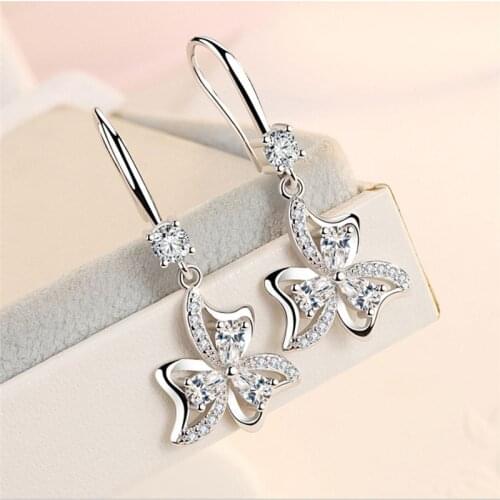 Blaike 925 Sterling Silver Dangle Earrings For Women Zircon Crystal Butterfly In Love With Flower Drop Earring Wedding Jewelry