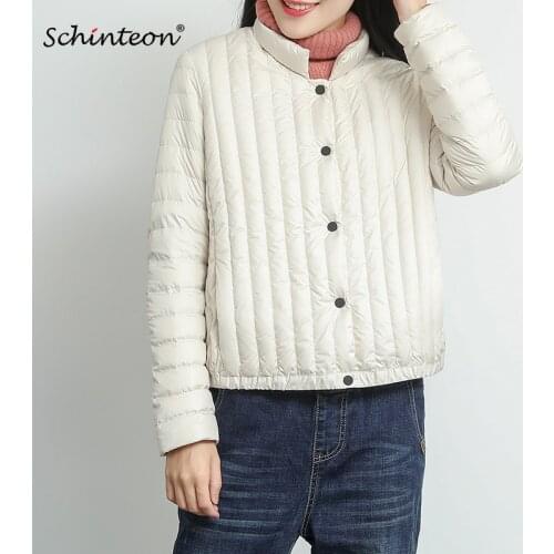 Schinteon New Down Jacket Women Short Ultra Light Duck Down Outwear Striped Casual Coat Stand Collar