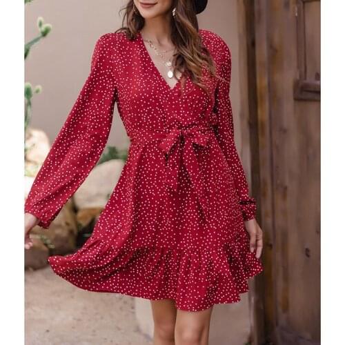 Summer Holiday Casual Party Dress Dresses for Women Bohemian Polka Dot Long Sleeve V-neck Red Waist Ruffled Mini Skirt