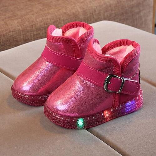 Snow Boots Kids Girls Winter Shoes Waterproof Baby Boys Leather Boots Light Up Shoes Ankle Plush Warm Toddler Boots LED Sneakers