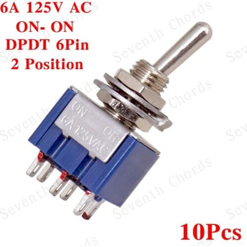 10 Pcs DPDT Electric Guitar Bass 6 Pin ON - ON 6A 125VAC 2 Position Mini Toggle Switches Selector