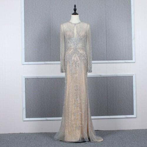 100% Real Picture Luxury Long Sleeve Evening Dress Beading Crystals Formal Wedding Party Reception Gown
