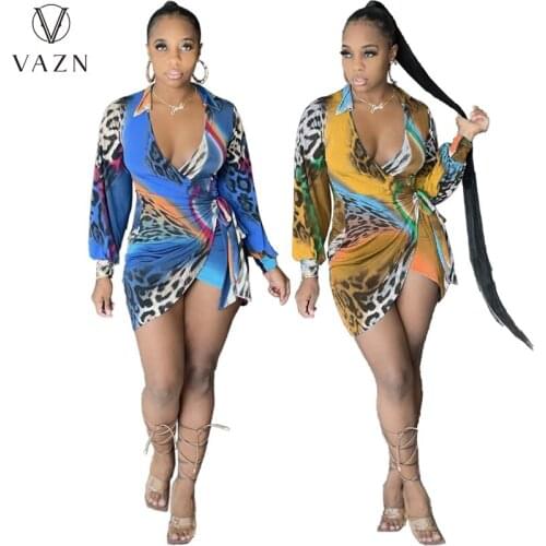 VAZN 2021 INS Mini Dress Asymmetrical Sexy Club Retro Mature Fashion Deep V-Neck Full Sleeve Vestidos For Female