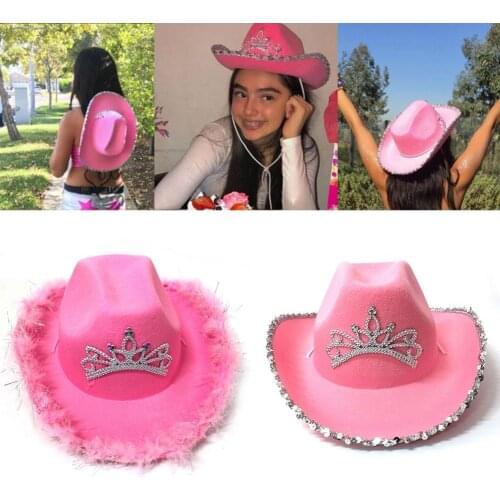 2021 New Glow Rhinestone Crown Feather Pink Western Tiara Cowgirl Hat With Led Light Holiday Costume Party Sequnes Wide Brim Hat
