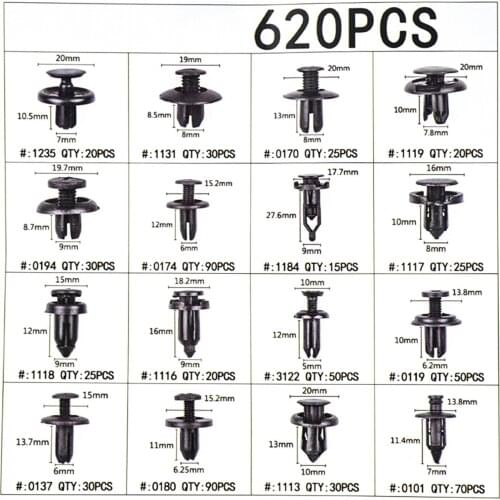 620PCS Three-layer Plastic Boxed Car Clasp Universal Mixed Auto Fasteners 16 Sizes Door Trim Panel Auto Bumper Rivets