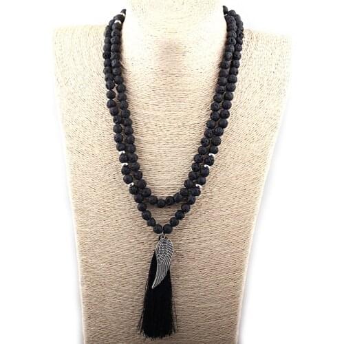 Free Shipping Bohemian Jewelry Beautiful Black Lave Stone Angel Wing Tassel Necklace