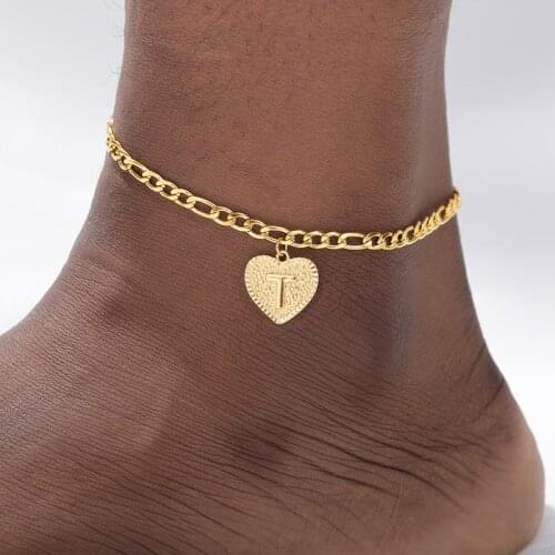 A-Z Initial Letter Heart Anklets For Women Stainless Steel Gold Alphabet Cuban Link Anklet Bracelet Boho Name Jewelry Birth Gift