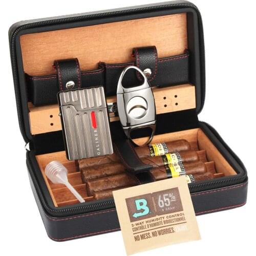 GALINER Cigar Case Leather Humidor W 2 Torch Lighter Cigar Cutter Boveda 8g Humifidifer Bag Travel Cigar Humidor Accessories Set