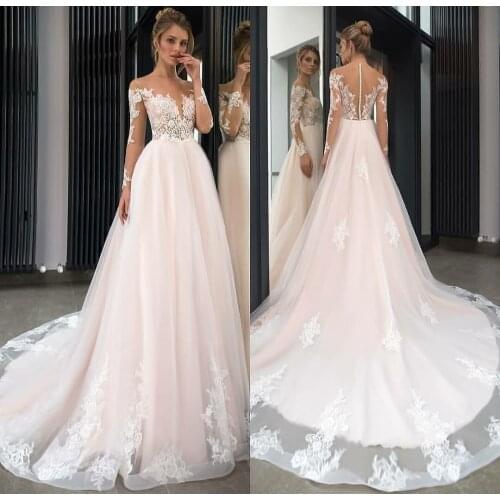 Elegant Long Shear Lace Wedding Dresses with Sleeves Illusion Back A-Line Tulle Robes De Mariée Bridal Gown For Women