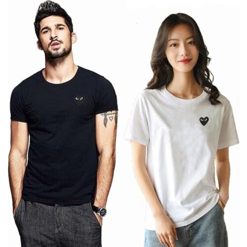 PLAY Summer Men Women T-shirt Embroidered Black Heart Eyes Round Neck Short-sleeved Cotton T-shirts Couple Casual T-shirt
