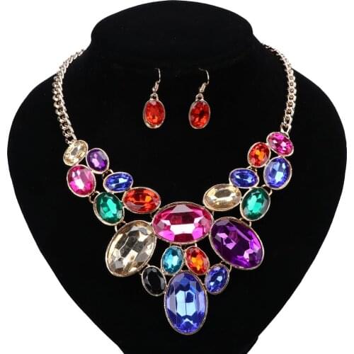 OUHE Classic Wedding Sets For Bridal Crystal Jewelry Sets Gold Color Necklace Earring Party Bridal Accessories 8 Colors