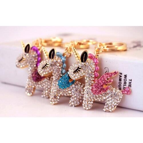 Creative Cute Cartoon Rhinestone Crystal Unicorn Car Keychain Female Bag Metal Galss Accessory Keyholder Trinket Metal Keychain