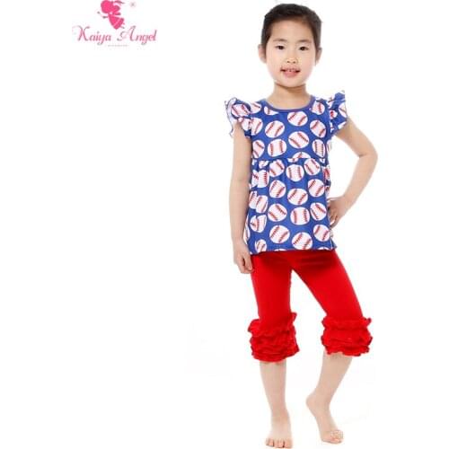 Hot Sale Baseball Kids Clothing Set Girls Spring Summer Baseball Children Girls Ruffle Boutique Outfits Girls Ruffle Capris Suit