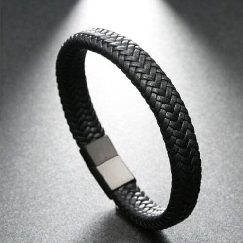 Fashion Men Jewelry Handmade Braided Leather Bracelet Black Stainless Steel Magnetic Clasps Men Wrist Band Gifts