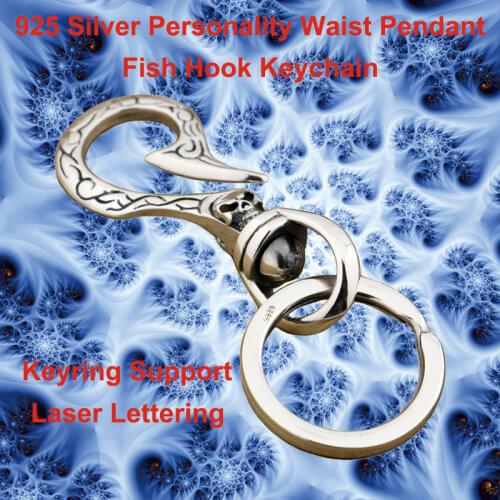 Punk Fashion Skull Hook Waist Pendant Solid 925 Sterling Silver Keychain Cool Knight Individuality Fish Hook Keychain 8J016