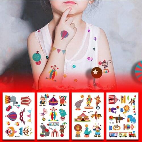 10pcs Circus Tattoo Stickers DIY Kids Cartoon Body Facial Tattoo Baby Shower Birthday Party Decoration Kids Tattoo Sticker-S