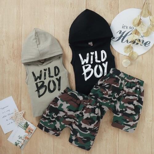 New Baby Boys Clothes Set, Letter Print Sleeveless Hooded Tops + Camouflage Short Pants for Summer