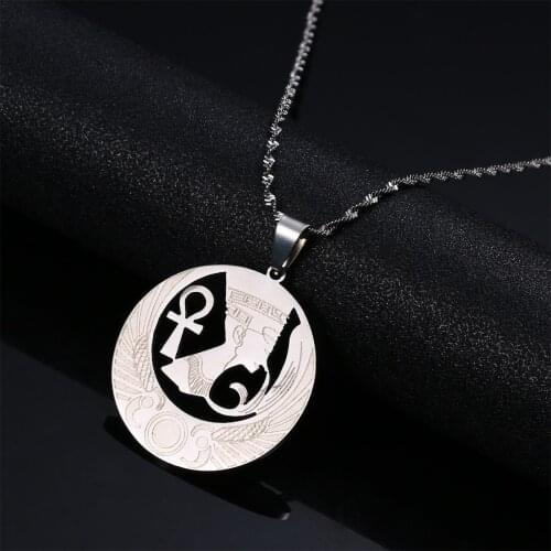 Stainless Steel Egyptian Queen Nefertiti Pendant Necklace for Women Men Ankh Cross Jewelry