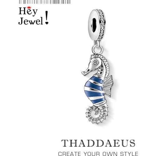 Real 925 Sterling Silver Bead Charm Blue Enamel Tropical Seahorse Pendant Charm For Women Men Fit Bracelet Necklace DIY Jewelry