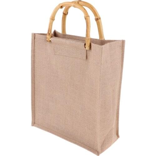 Vintage Eco-friendly Burlap Linen Shopping Bag With Bamboo Handles Portable