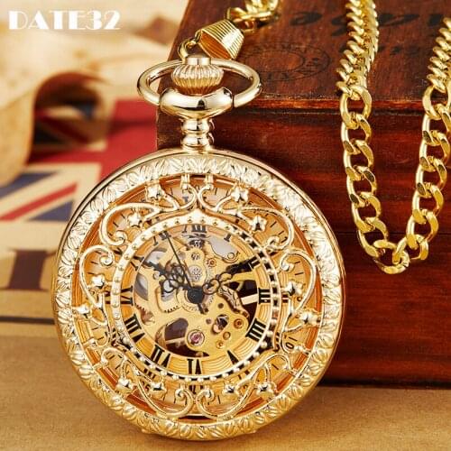 Luxury Full Gold Body Mechanical Pocket Watch Skeleton Steampunk Case Fob Chain Clock for Men Women Collection Dropshipping