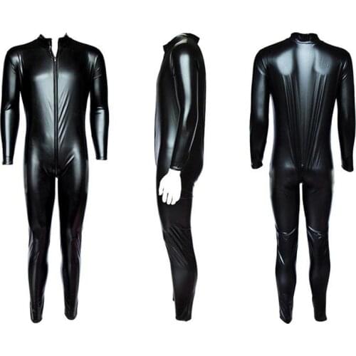 Sexy Men Long Zipper Faux Leather Wet Look Zentai Suit Bodysuit Shiny Full Body Jumpsuit Catsuit Fetish Costume Plus Size 5XL