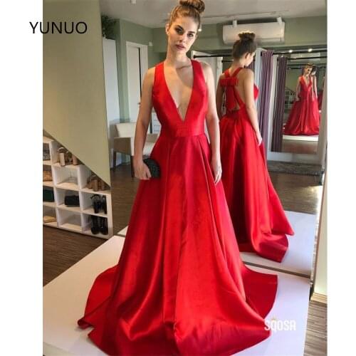 YUNUO Sexy Deep V-neck Formal Evening Dresses Long Satin vestidos de festa A Line Bowknot abendkleider Prom Party Dress robe