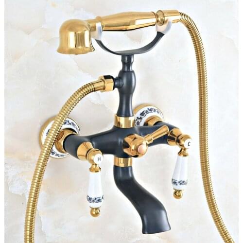 Oil Rubbed & Gold Brass Two Handle Wall Mounted Bathroom Bath Tub Faucet Set with 150CM Hand Held Shower Spray Mixer Tap 2na417