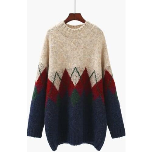 Vintage Argyle Knitted Women Sweater Pullovers Winter New O-Neck Loose Thicken Warm Female Pulls Outwear Coats Tops