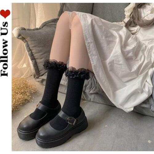Japanese Sweet Mesh Lace Socks Women 2021 Cotton Vertical Strip Pile B Socks Lolita Girl Soft Girl Student Tube Socks Female