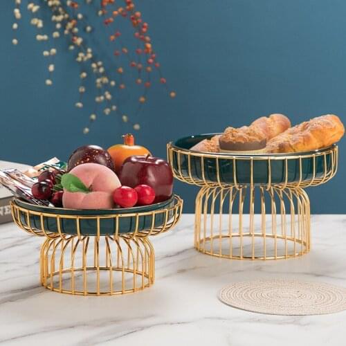 Northern European Iron Art Ceramic Fruit Bowl Green Living Room Household Coffee Table Candy Salad Plate Snack Basket Decoration