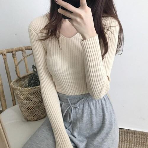 Womens Tops Autumn Winter Simple Long Sleeve V Neck Ribbed Blouse Slim Knitted Pullover Casual Elastic Top Plus Size 7 Colors