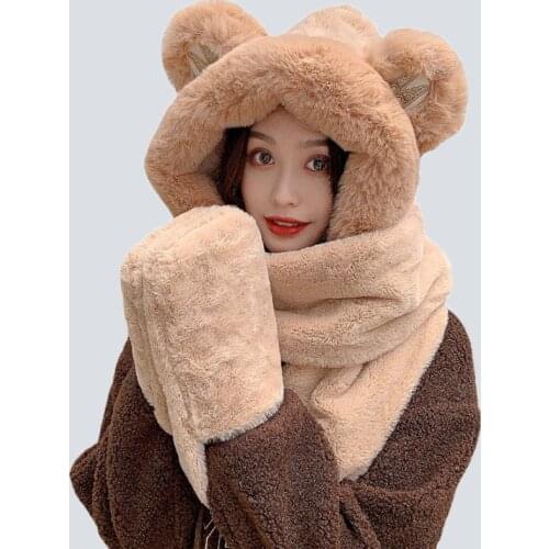 2021 Women Fashion Cute Cartoon Cat Ear Beanies Hat Imitation mink Cap Girl Winter Warm Thicken With Scarf Gloves One-Piece Hat