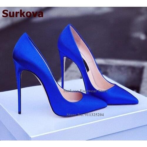 Surkova Sexy Satin Fabric 12cm High Heel Shoes Women Pointed Toe Slip-on Shallow Dress Pumps Silk Cloth Banquet Pumps Size45