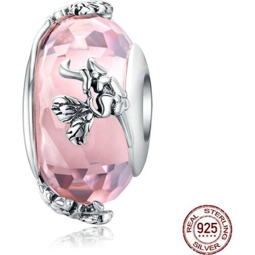 New 925 Sterling Silver Pink Flower Murano Glass Bead Charm Fit Original Pandora Charm Bracelet DIY Bead Jewelry Accessories
