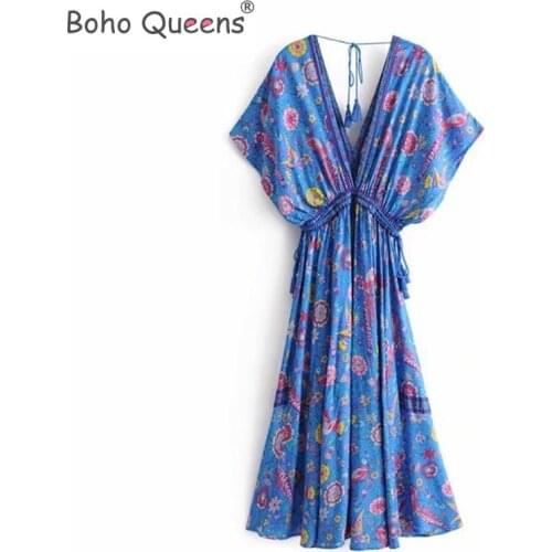 Boho Queens peacock print V-neck lace collar beach long Bohemian happie dress Ladies V neck Tassel Summer dress