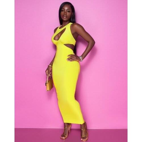 Womens New Dress 2021 European and American Womens Yellow Sexy Hollow Long dress