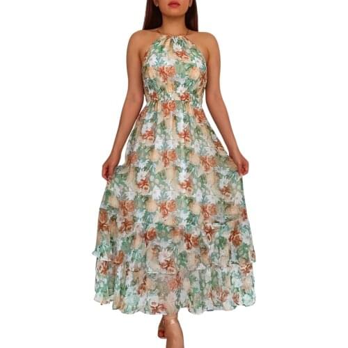 Womens Casual Suspender Dress Fashion Flower Off-shoulder Double-layer A-line Mid-length Dress