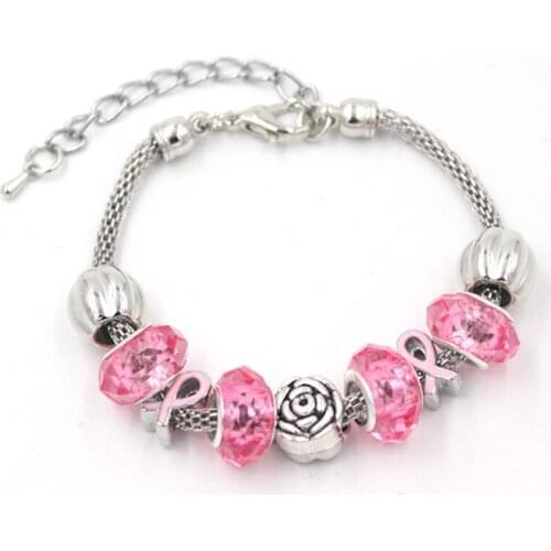 10Pcs/LOT New Arrival Breast Cancer Awareness Jewelry Rose Bead Breast Cancer Pink Ribbon Bracelets for Women Pulser Bijoux
