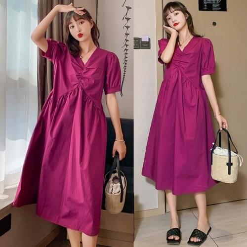 11875# Maternity Dress Summer Cotton V Neck Purple Color Plain Color Short Sleeves Loose Stylish Dress Pregnant Women Mom Dress