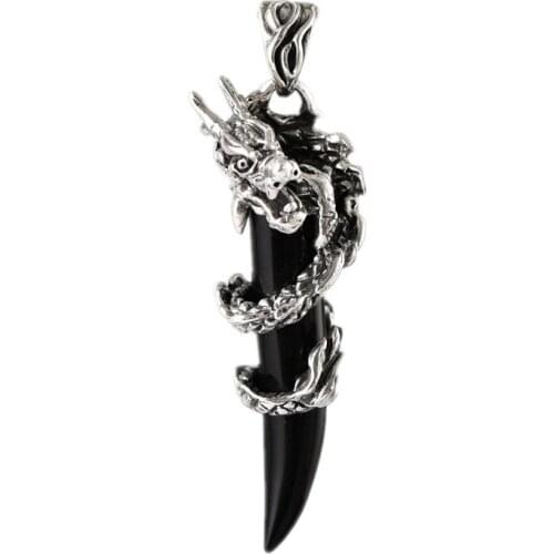 2021 New s925 Silver Pendant For Man Retro Domineering Ethnic Style Fashion Panlong Black Onyx Wolf Teeth Trendy Man Pendant