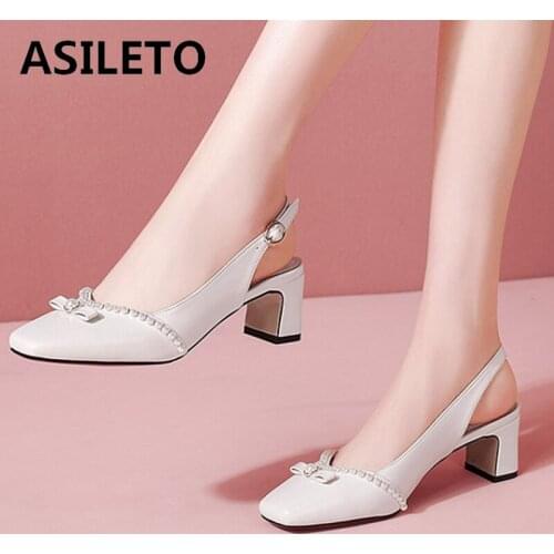 ASILETO New 2021 Ladies Pumps Square Toe Genuine Leather Pearl 5.5cm Thick Heel Buckle Comfortable Romantic Size 43 Date A4046