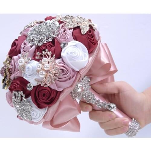 Brooch Bouquet Satin Ribbon Brides Bouquet Beads Burgundy Roses Wedding Bouquet