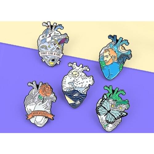 Heart Brooch Pins Ocean Whale Van Gogh Starry Night Rose Love Butterfly brave hearts organ enamel pins Anatomy jewelry badges
