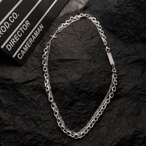 Designer Double Layer Cross Mix Chunky Chain Choker Necklace for Women Asymmetric Splicing Stainless Steel Necklace Jewelry