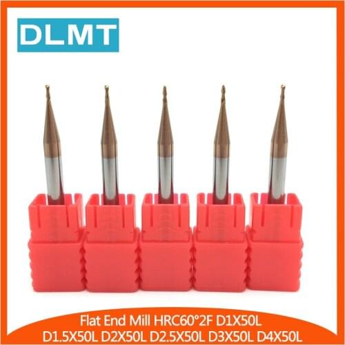 HRC60 2Flute 5pcs 1mm 1.5mm 2mm 2.5mm 3mm 4mm 50L Carbide Spiral Flat Square CNC Indexable Tungsten Carbide Milling Cutter